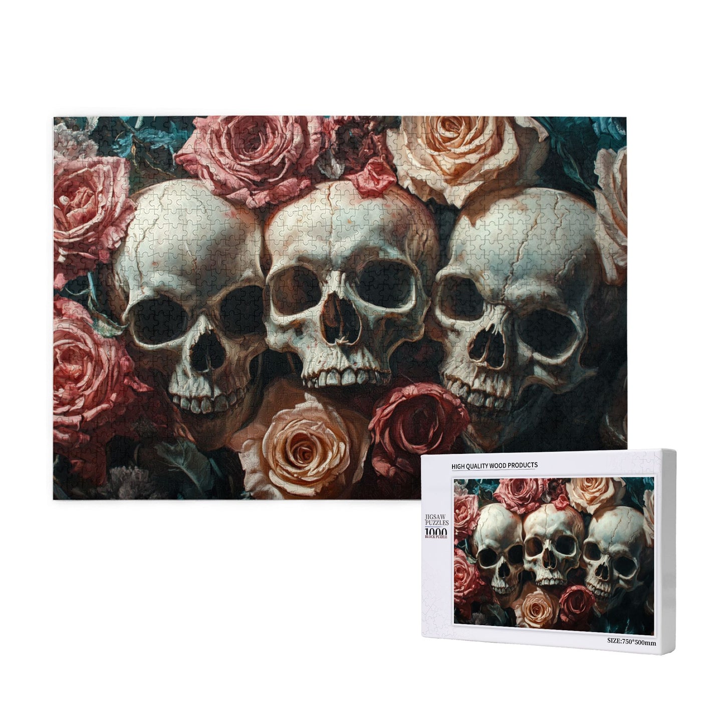 1000-Piece Skull and Rose Art Puzzle - Premium Wooden Puzzle with Precision Fit, 75cm x 50cm