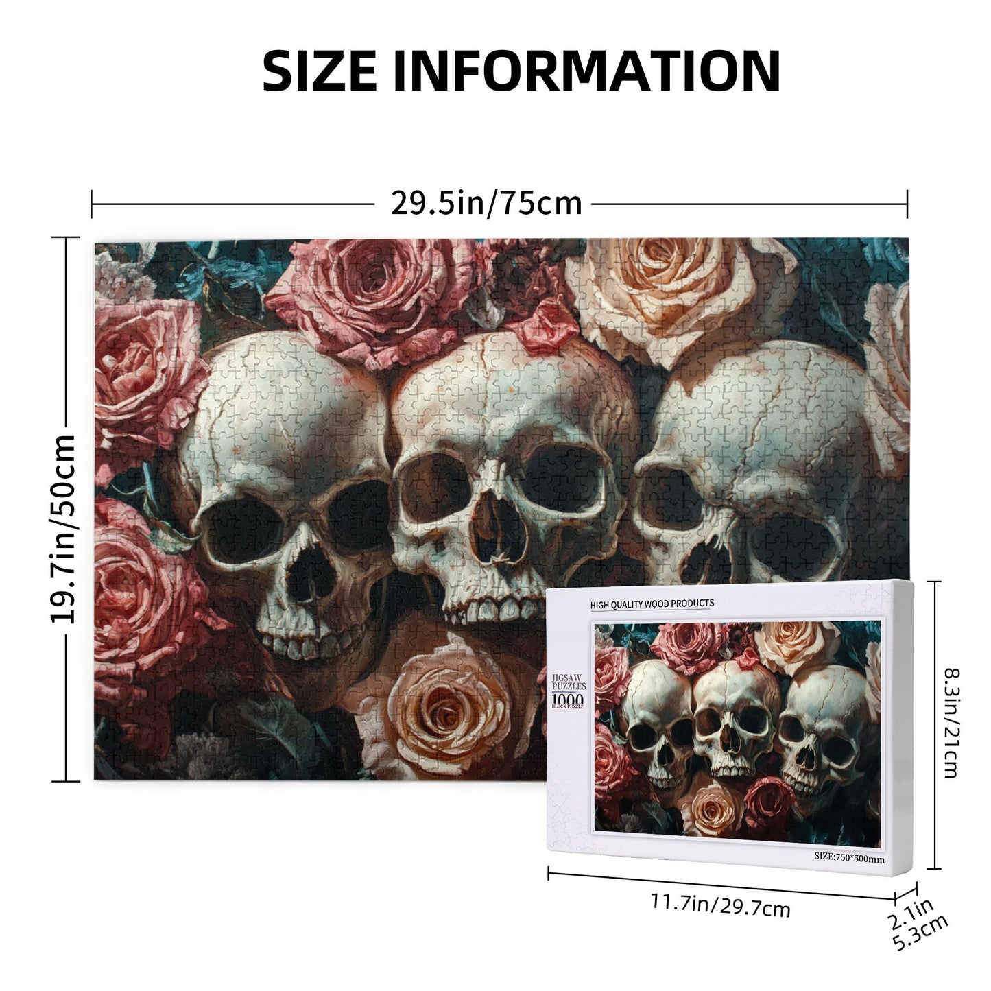 1000-Piece Skull and Rose Art Puzzle - Premium Wooden Puzzle with Precision Fit, 75cm x 50cm