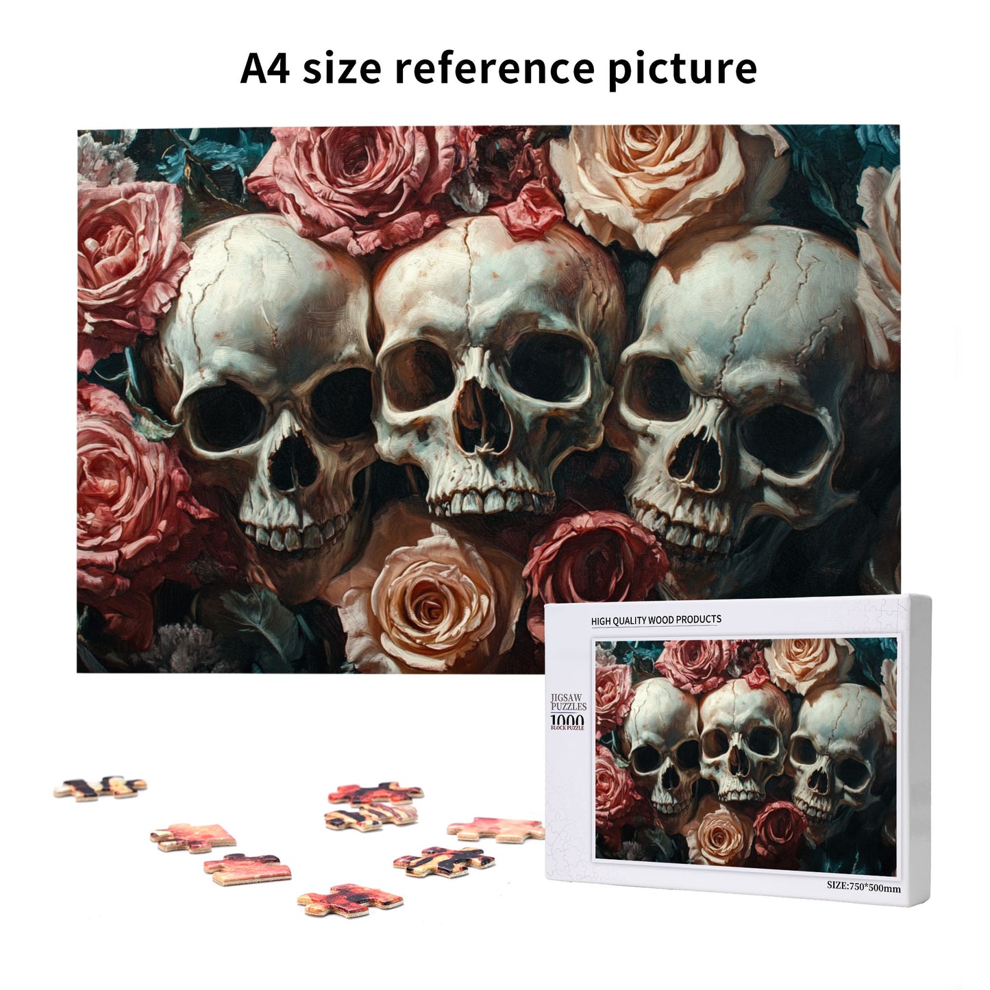 1000-Piece Skull and Rose Art Puzzle - Premium Wooden Puzzle with Precision Fit, 75cm x 50cm