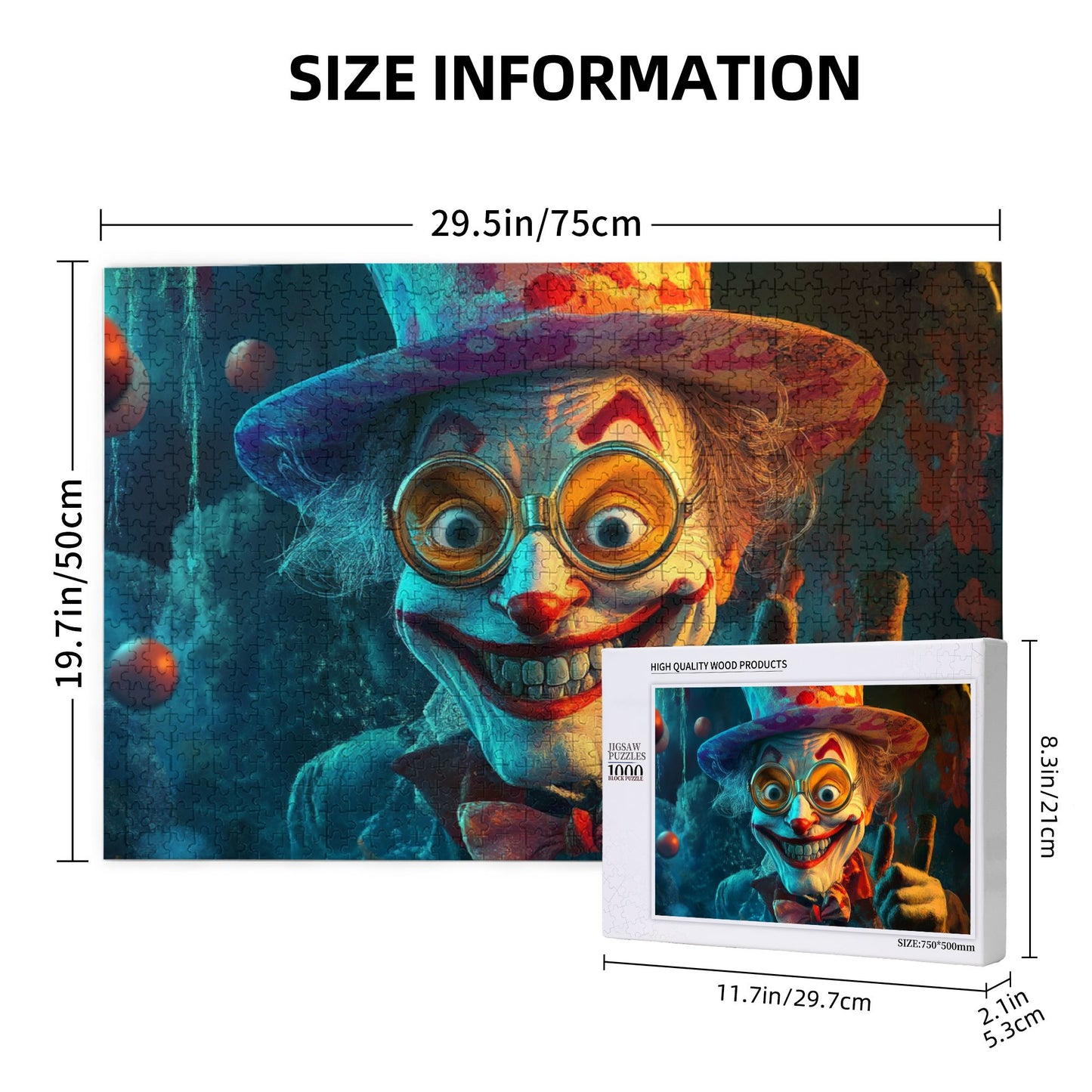 1000-Piece Creepy Clown Puzzle - Premium Wooden Puzzle with Precision Fit, 75cm x 50cm