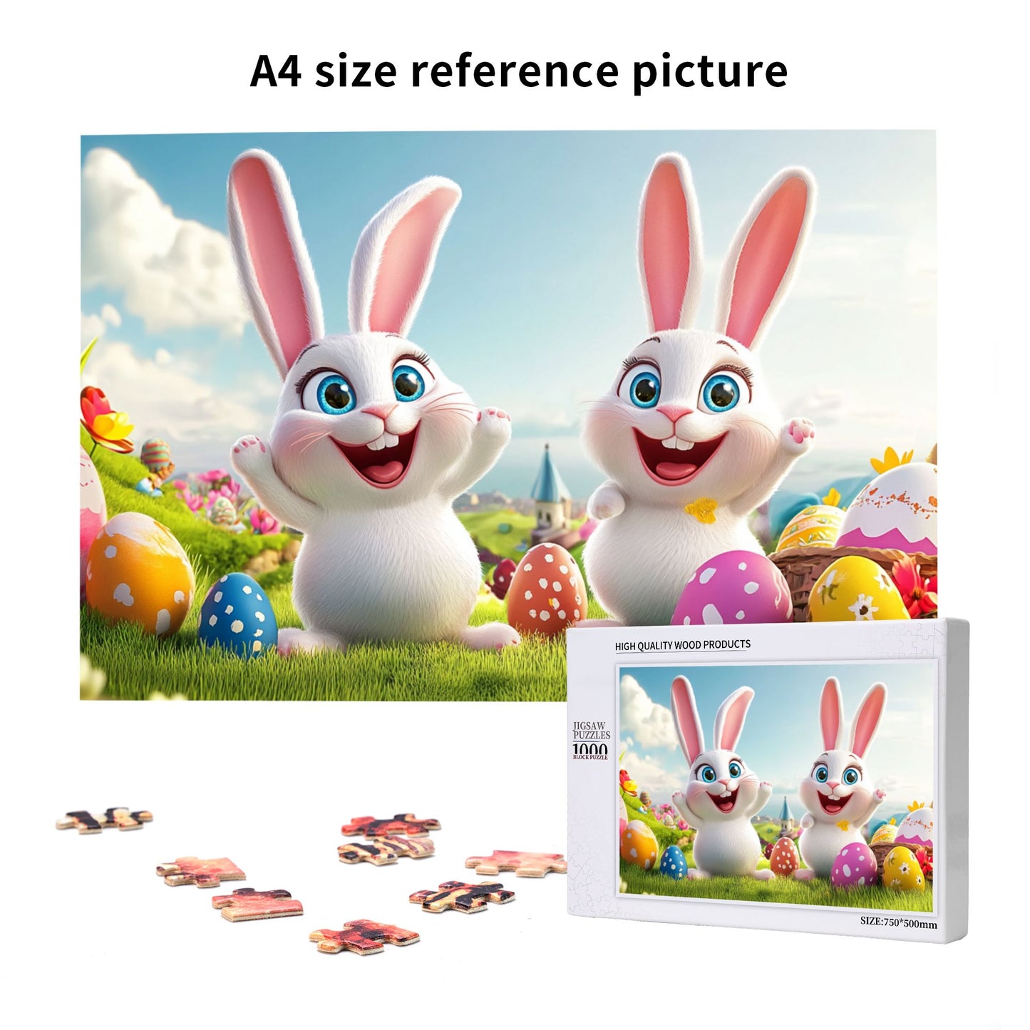 1000-Piece Easter Bunny Puzzle - Premium Wooden Puzzle, Vibrant Colors, Precision Fit, 75cm x 50cm