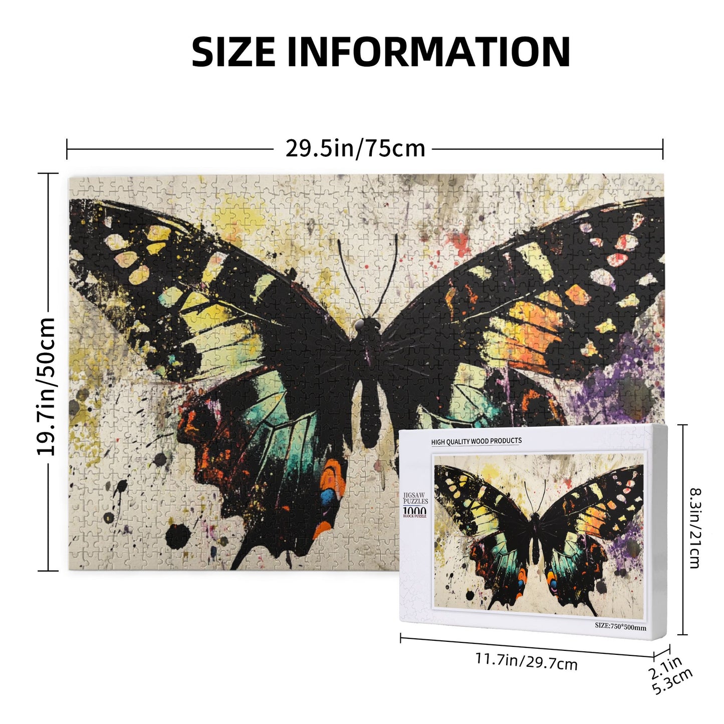 1000-Piece Butterfly Art Puzzle - Premium Wooden Puzzle, Unique Design, Precision Fit, 75cm x 50cm